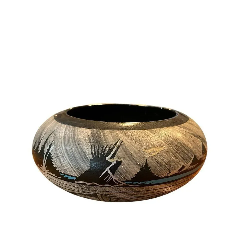 Navajo Pottery End Of The Trail Indian on Horse Mountains Black Turquoise Pot